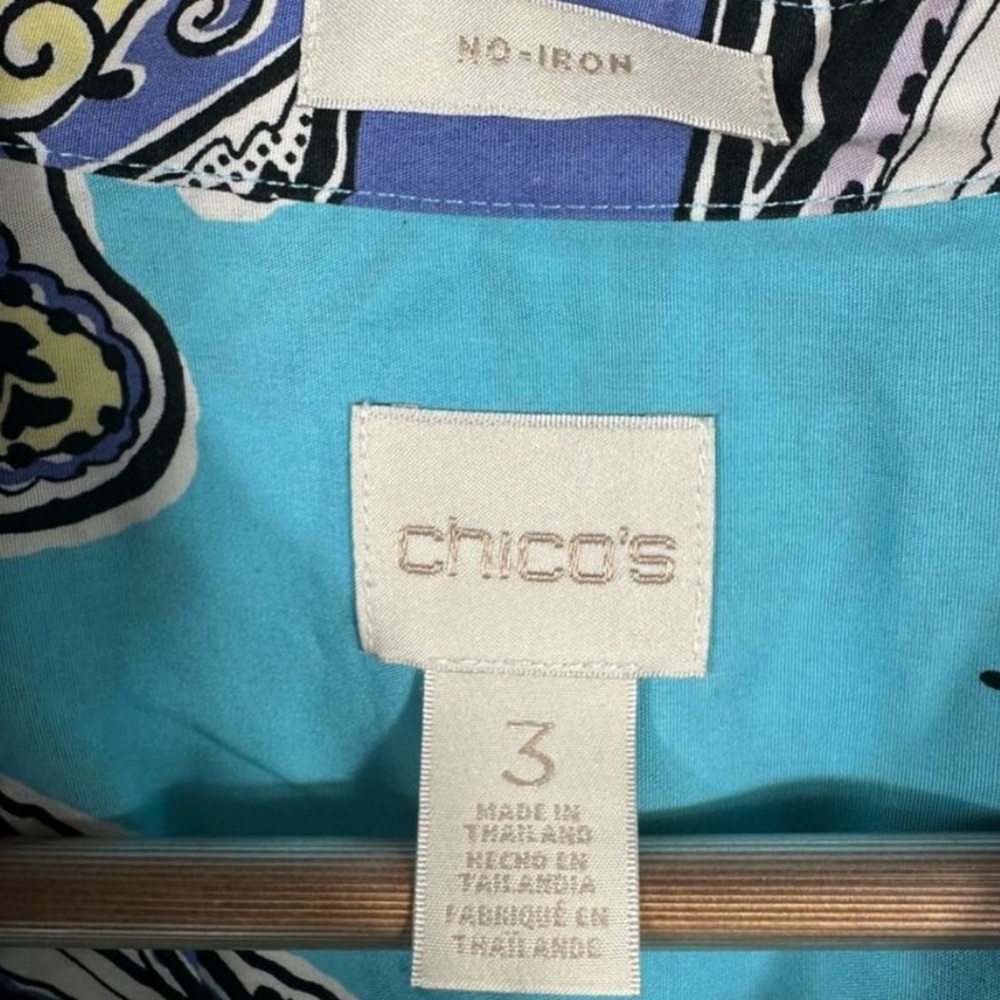 Chicos No-Iron Maritime Paisley Button-Back 3/4 Sleeve Top Chicos Sz 3US XL EUC - Picture 5 of 7